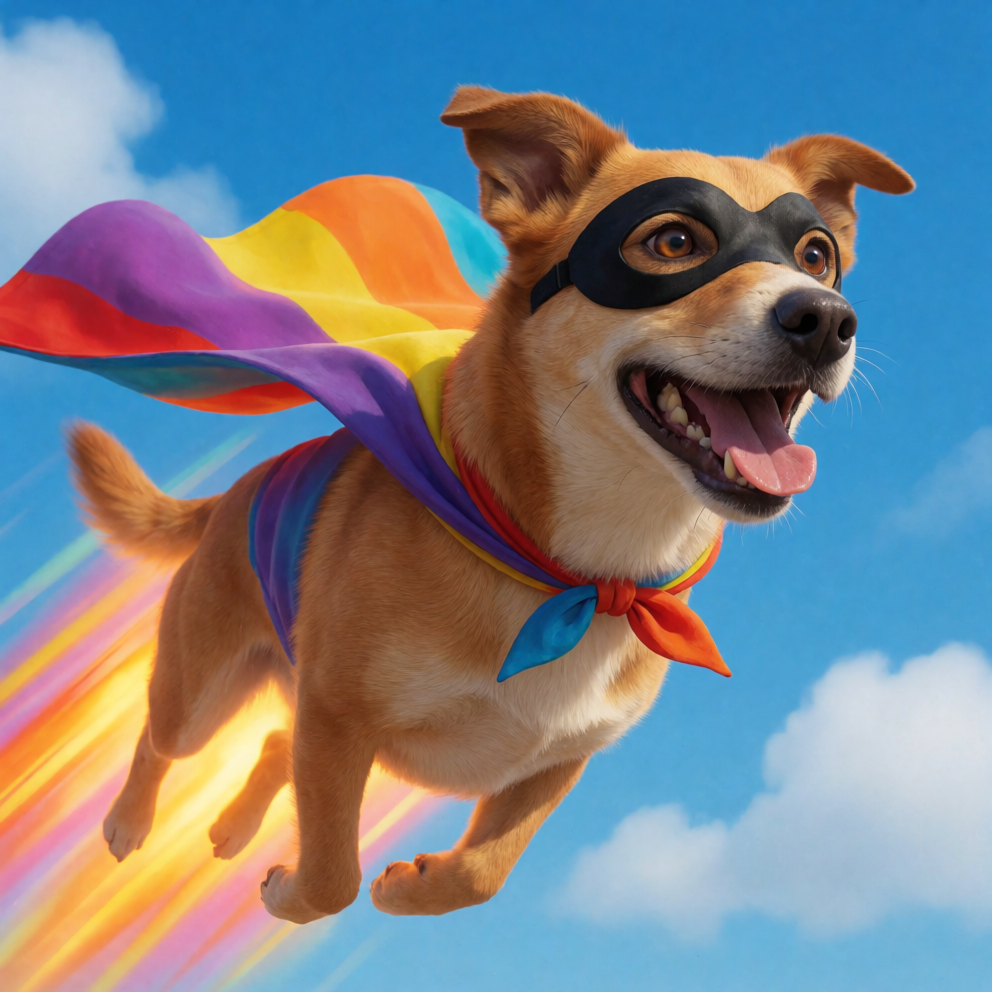 A joyful dog in a colorful cape flying through a blue sky